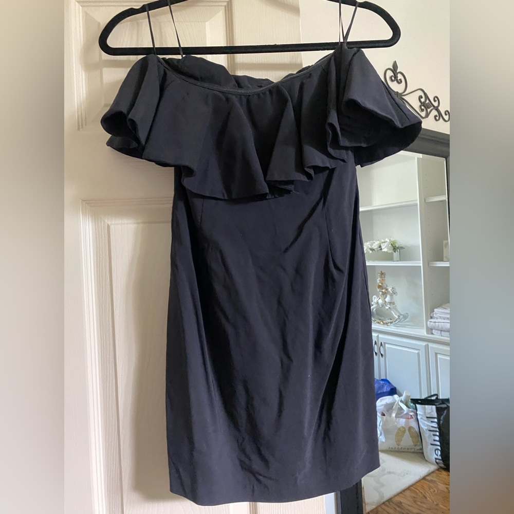 black strapless ruffle mini dress